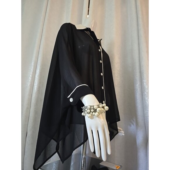 Women's Wynne Layers Black White Sheer Tuexdo Button Shirt Long Sleeve Top M - Picture 7 of 7